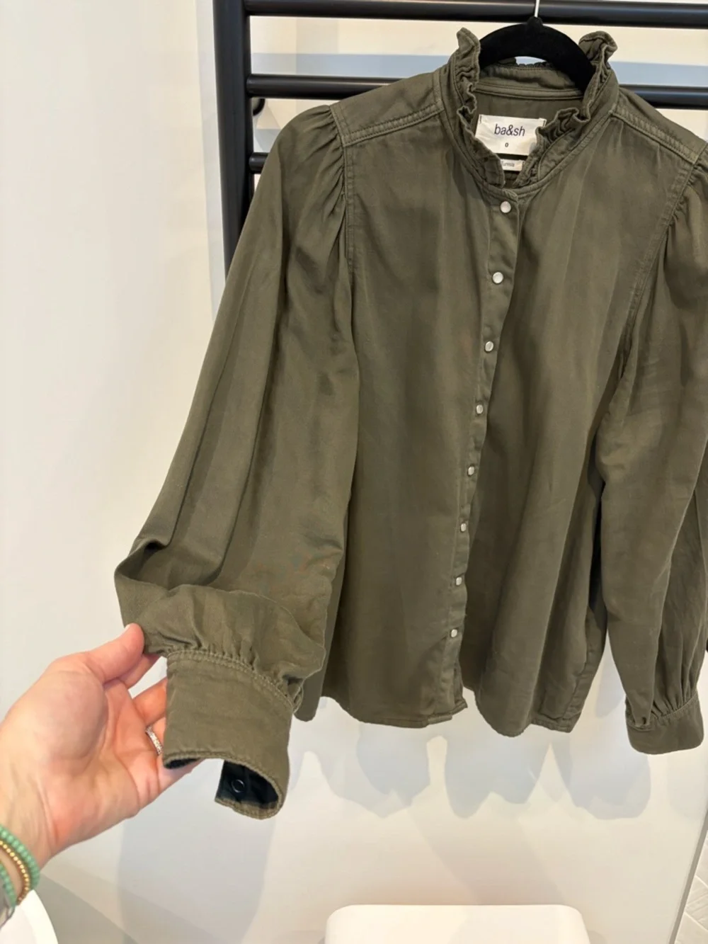 ba&sh Axelle olive Ruffle-Neck button front shirt - Picture 10 of 15